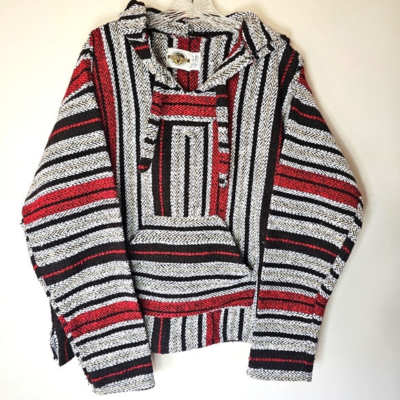 Mexican Baja Jacket Hoodie Poncho Pullover Sz XL Red, Black, and White Stripe - Picture 1 of 6